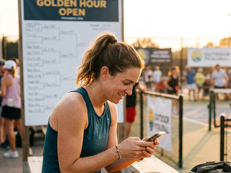 Pickleball player courtside checking her tournament schedule on her phone next to the draw board