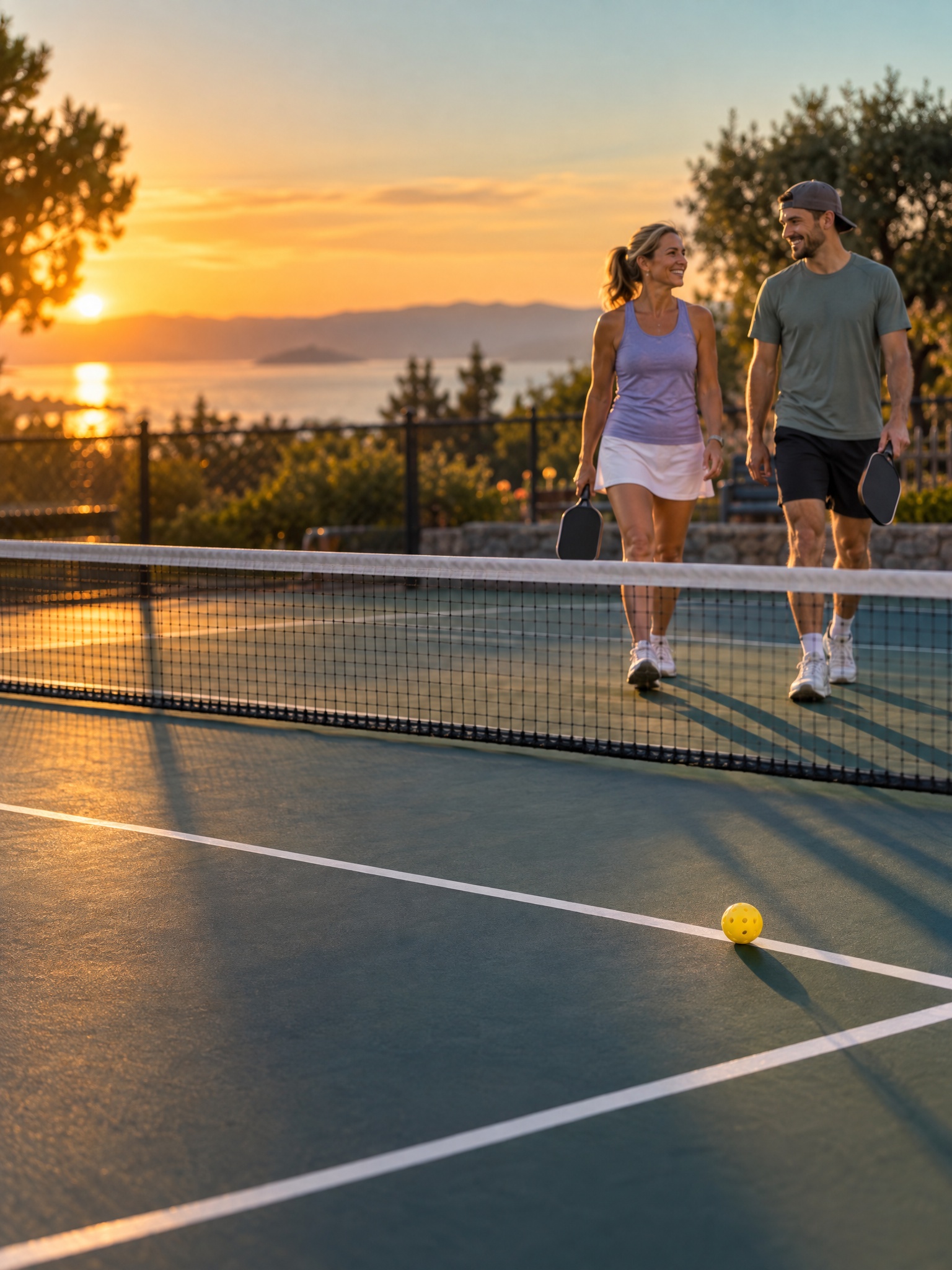 Two pickleball partners walking onto an outdoor court at sunset, smiling